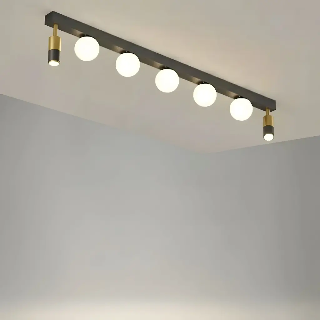 Linear Ceiling Light with 5 Globes & 2 Spots, Gold & Black