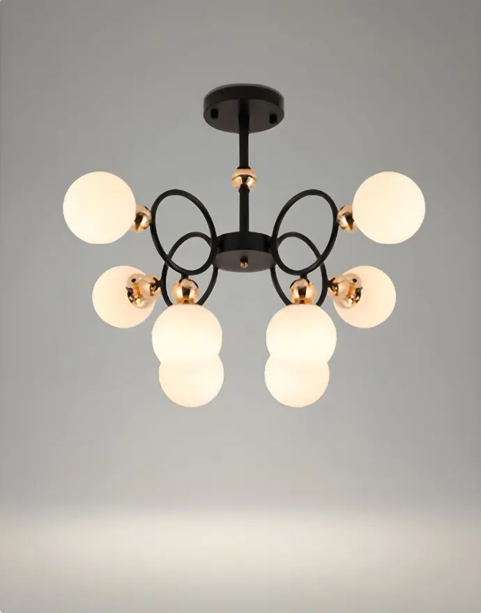 Globe & Ring Chandelier, 8 Lights, Black & Gold