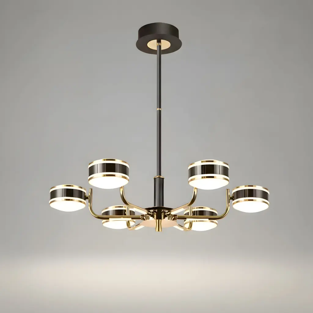 Curved-Arm LED Chandelier, 6 Lights, Black & Gold