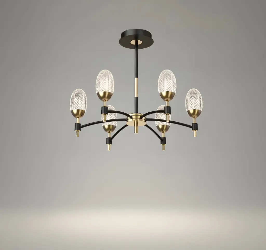 Ribbed Glass LED Chandelier, 6 Lights, Gold & Black